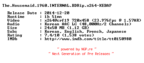 NFO for the release The.Housemaid.1960.INTERNAL.BDRip.x264-KEBAP by KEBAP