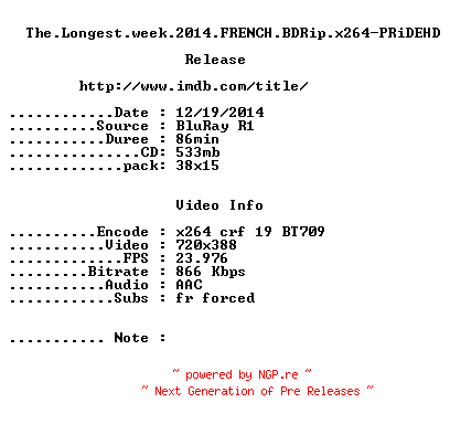 NFO for the release The.Longest.Week.2014.FRENCH.BDRip.x264-PRiDEHD by PRiDEHD