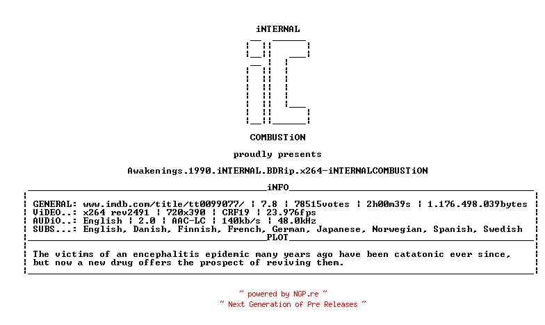 NFO for the release Awakenings.1990.iNTERNAL.BDRip.x264-iNTERNALCOMBUSTiON by iNTERNALCOMBUSTiON