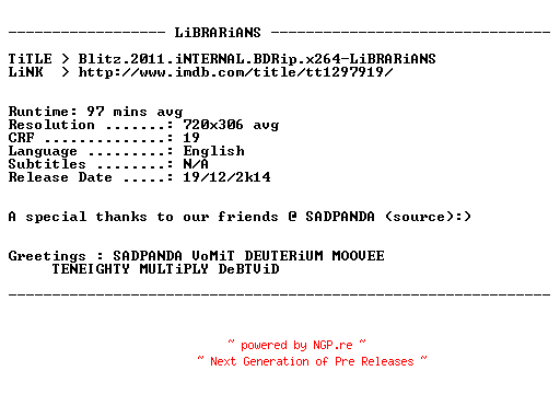 NFO for the release Blitz.2011.iNTERNAL.BDRip.x264-LiBRARiANS by LiBRARiANS