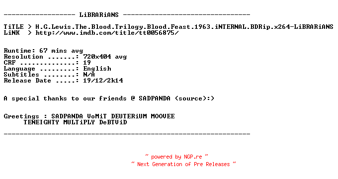 NFO for the release H.G.Lewis.The.Blood.Trilogy.Blood.Feast.1963.iNTERNAL.BDRip.x264-LiBRARiANS by LiBRARiANS