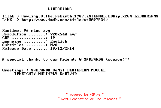 NFO for the release Howling.V.The.Rebirth.1989.iNTERNAL.BDRip.x264-LiBRARiANS by LiBRARiANS
