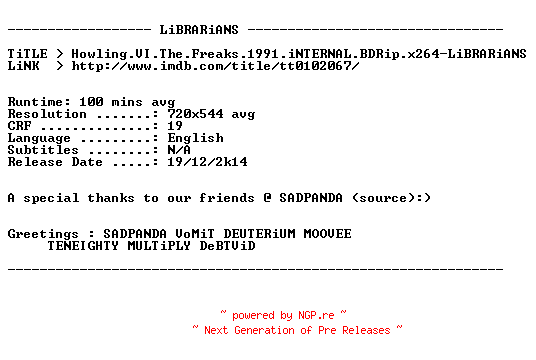 NFO for the release Howling.VI.The.Freaks.1991.iNTERNAL.BDRip.x264-LiBRARiANS by LiBRARiANS