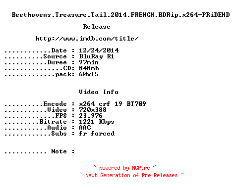 NFO for the release Beethovens.Treasure.Tail.2014.FRENCH.BDRip.x264-PRiDEHD by PRiDEHD