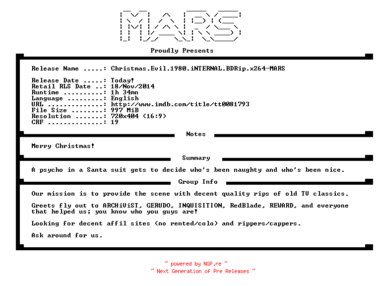 NFO for the release Christmas.Evil.1980.iNTERNAL.BDRip.x264-MARS by MARS