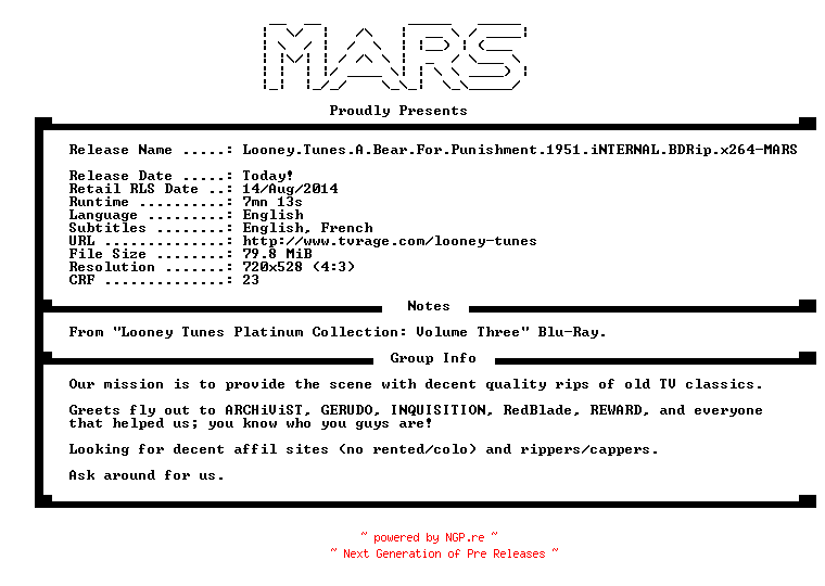 NFO for the release Looney.Tunes.A.Bear.For.Punishment.1951.iNTERNAL.BDRip.x264-MARS by MARS
