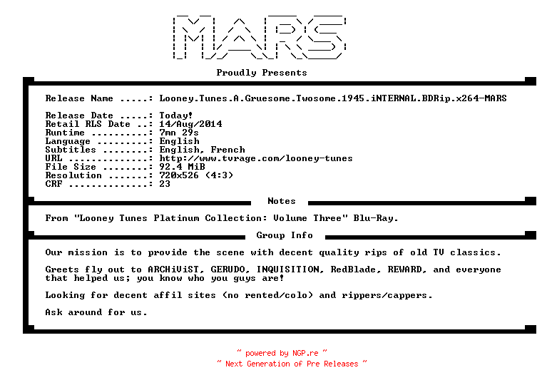 NFO for the release Looney.Tunes.A.Gruesome.Twosome.1945.iNTERNAL.BDRip.x264-MARS by MARS