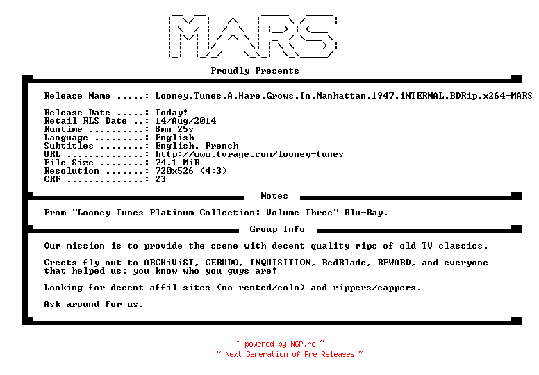 NFO for the release Looney.Tunes.A.Hare.Grows.In.Manhattan.1947.iNTERNAL.BDRip.x264-MARS by MARS