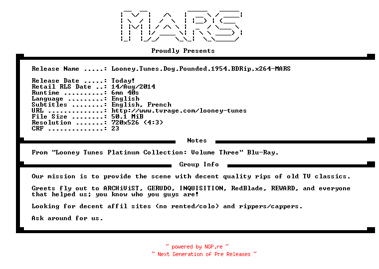 NFO for the release Looney.Tunes.Dog.Pounded.1954.BDRip.x264-MARS by MARS