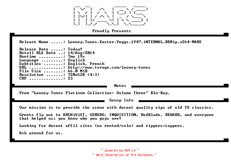 NFO for the release Looney.Tunes.Easter.Yeggs.1947.iNTERNAL.BDRip.x264-MARS by MARS