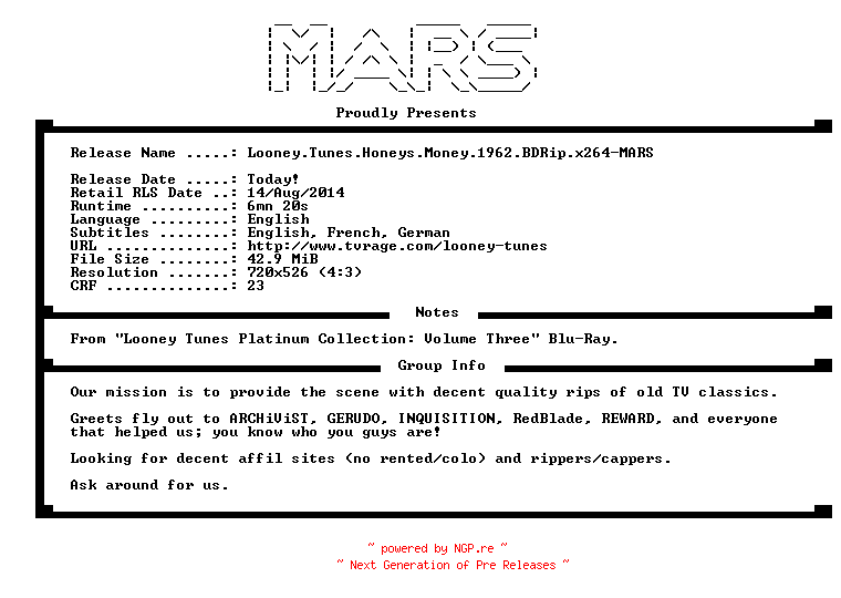 NFO for the release Looney.Tunes.Honeys.Money.1962.BDRip.x264-MARS by MARS