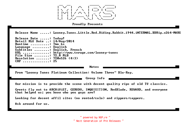 NFO for the release Looney.Tunes.Little.Red.Riding.Rabbit.1944.iNTERNAL.BDRip.x264-MARS by MARS