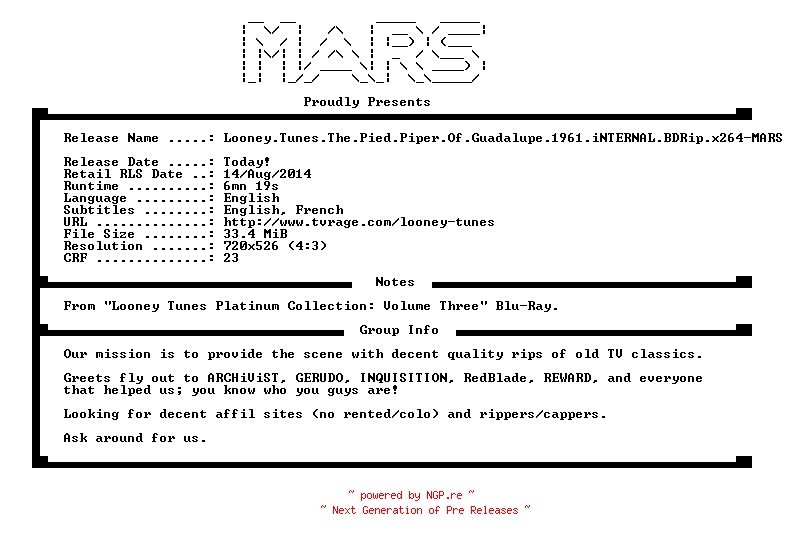 NFO for the release Looney.Tunes.The.Pied.Piper.Of.Guadalupe.1961.iNTERNAL.BDRip.x264-MARS by MARS