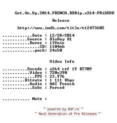 NFO for the release Get.On.Up.2014.FRENCH.BDRip.x264-PRiDEHD by PRiDEHD