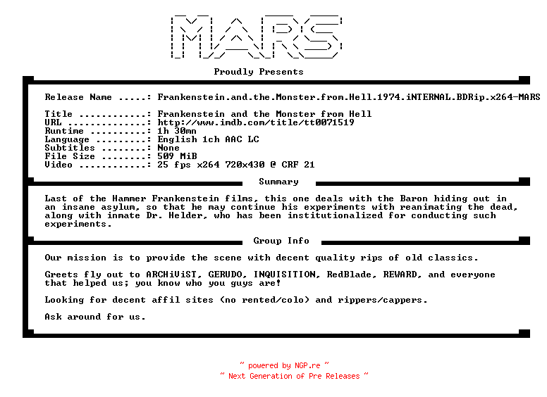 NFO for the release Frankenstein.and.the.Monster.from.Hell.1974.iNTERNAL.BDRip.x264-MARS by MARS