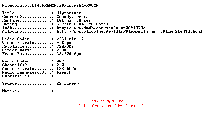 NFO for the release Hippocrate.2014.FRENCH.BDRip.x264-ROUGH by ROUGH