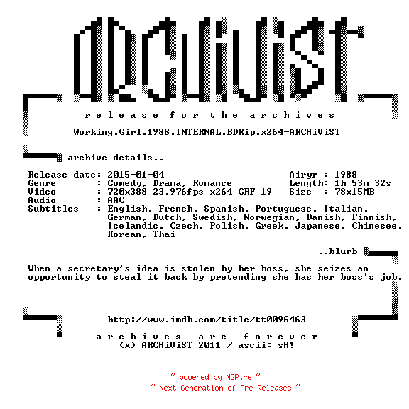 NFO for the release Working.Girl.1988.INTERNAL.BDRip.x264-ARCHiViST by ARCHiViST