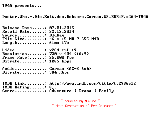 NFO for the release Doctor.Who.-.Die.Zeit.des.Doktors.German.WS.BDRiP.x264-TV4A by TV4A