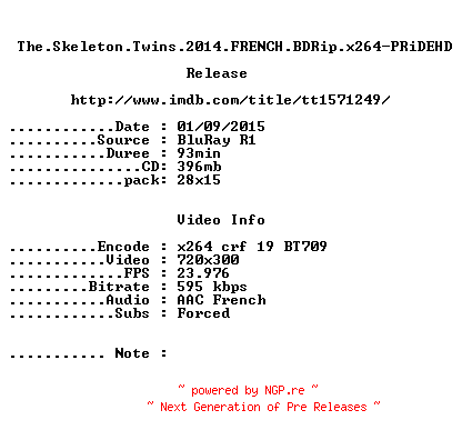NFO for the release The.Skeleton.Twins.2014.FRENCH.BDRip.x264-PRiDEHD by PRiDEHD