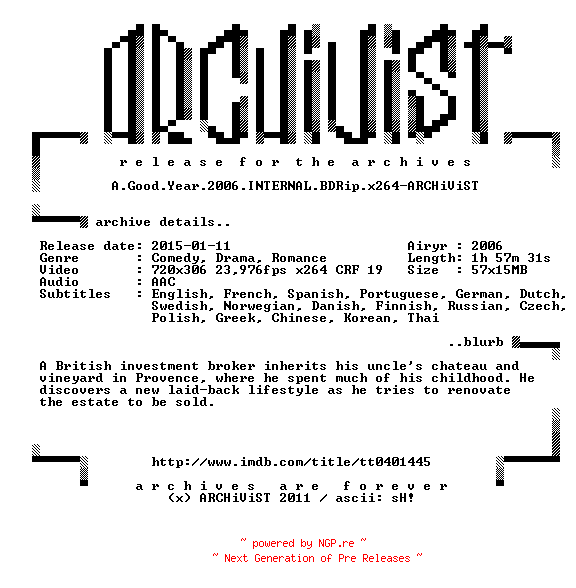 NFO for the release A.Good.Year.2006.INTERNAL.BDRip.x264-ARCHiViST by ARCHiViST