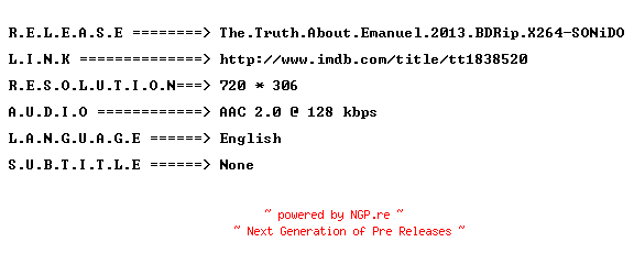 NFO for the release The.Truth.About.Emanuel.2013.BDRip.X264-SONiDO by SONiDO