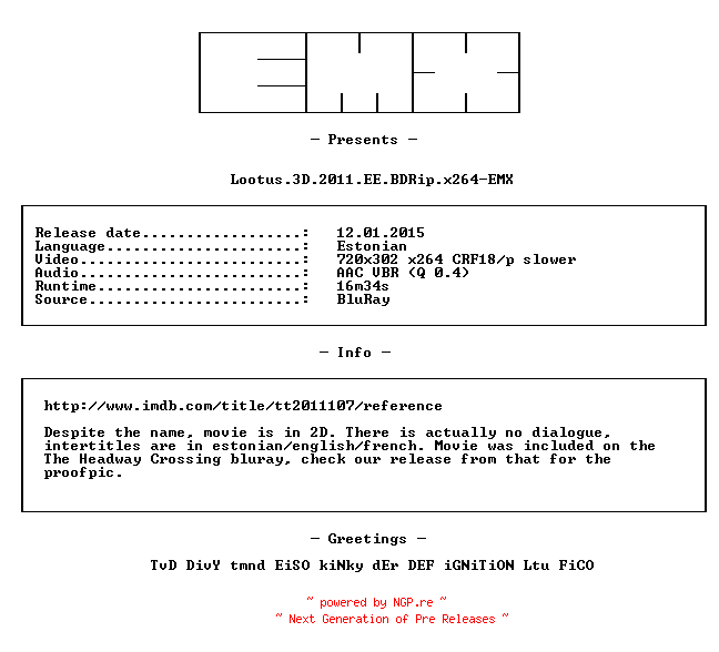 NFO for the release Lootus.3D.2011.EE.BDRip.x264-EMX by EMX