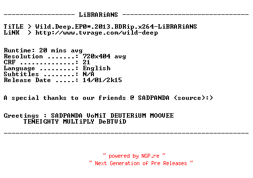 NFO for the release Wild.Deep.EP07.2013.BDRip.x264-LiBRARiANS by LiBRARiANS