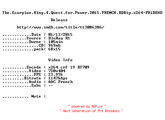 NFO for the release The.Scorpion.King.4.Quest.for.Power.2015.FRENCH.BDRip.x264-PRiDEHD by PRiDEHD