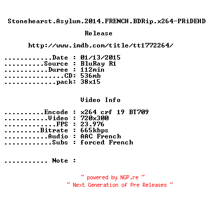 NFO for the release Stonehearst.Asylum.2014.FRENCH.BDRip.x264-PRiDEHD by PRiDEHD
