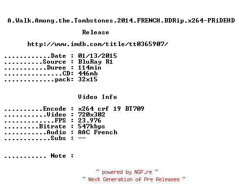 NFO for the release A.Walk.Among.the.Tombstones.2014.FRENCH.BDRip.x264-PRiDEHD by PRiDEHD