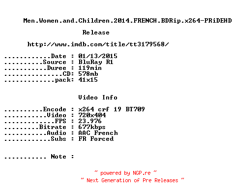 NFO for the release Men.Women.and.Children.2014.FRENCH.BDRip.x264-PRiDEHD by PRiDEHD