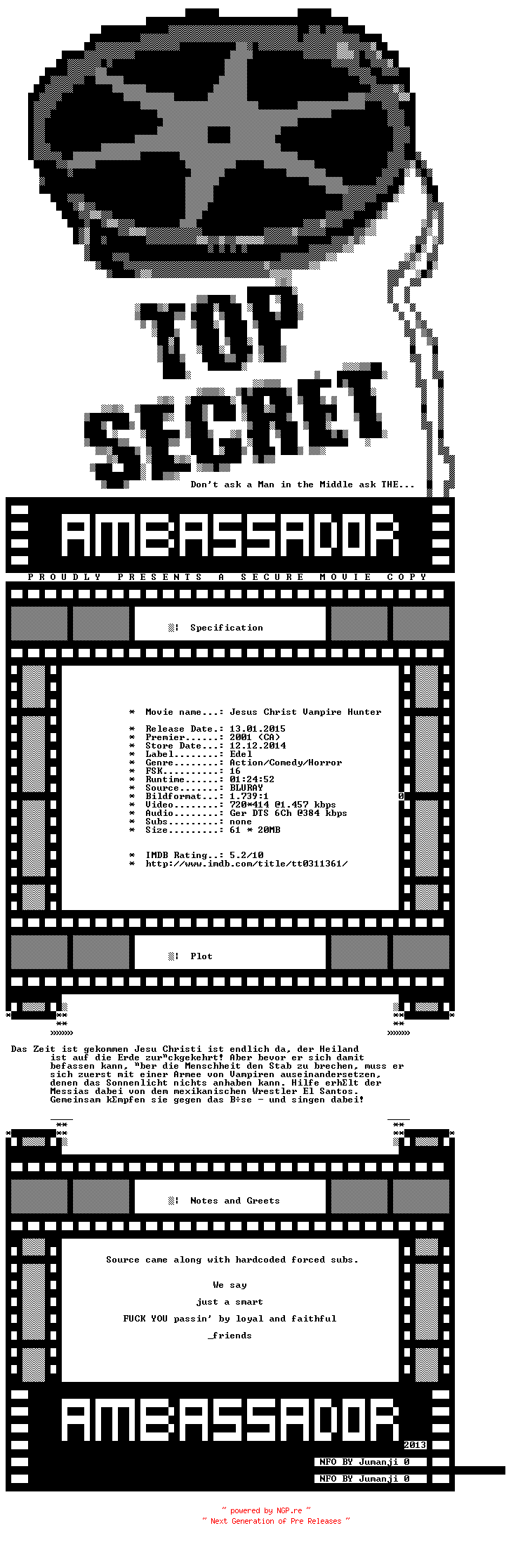 NFO for the release Jesus.Christus.Vampirjaeger.GERMAN.2001.BDRIP.X264-AMBASSADOR by AMBASSADOR