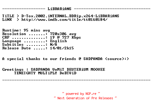 NFO for the release D-Tox.2002.iNTERNAL.BDRip.x264-LiBRARiANS by LiBRARiANS
