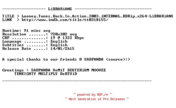 NFO for the release Looney.Tunes.Back.In.Action.2003.iNTERNAL.BDRip.x264-LiBRARiANS by LiBRARiANS