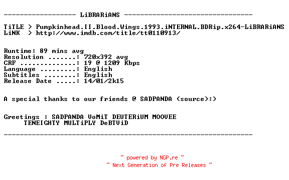 NFO for the release Pumpkinhead.II.Blood.Wings.1993.iNTERNAL.BDRip.x264-LiBRARiANS by LiBRARiANS