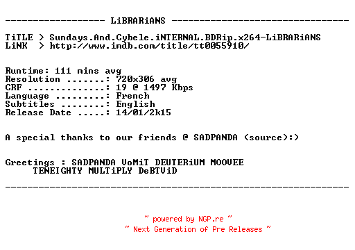 NFO for the release Sundays.And.Cybele.iNTERNAL.BDRip.x264-LiBRARiANS by LiBRARiANS