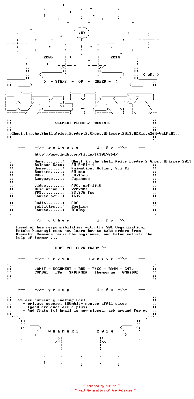 NFO for the release Ghost.in.the.Shell.Arise.Border.2.Ghost.Whisper.2013.BDRip.x264-WaLMaRT by WaLMaRT