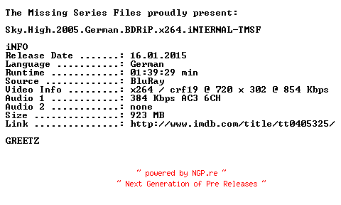 NFO for the release Sky.High.2005.German.BDRiP.x264.iNTERNAL-TMSF by TMSF