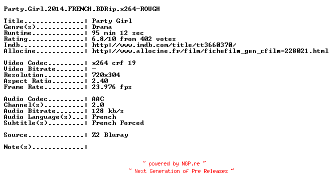 NFO for the release Party.Girl.2014.FRENCH.BDRip.x264-ROUGH by ROUGH