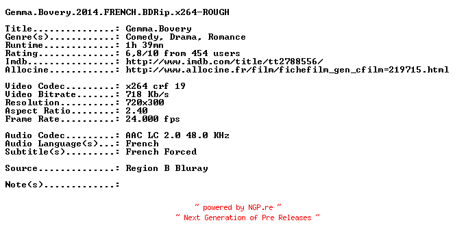 NFO for the release Gemma.Bovery.2014.FRENCH.BDRip.x264-ROUGH by ROUGH
