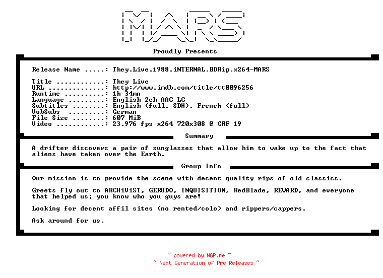 NFO for the release They.Live.1988.iNTERNAL.BDRip.x264-MARS by MARS