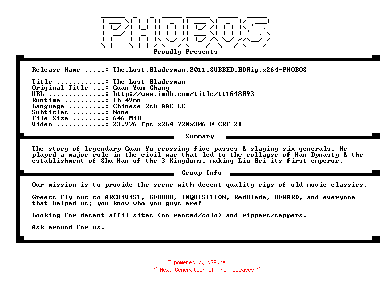 NFO for the release The.Lost.Bladesman.2011.SUBBED.BDRip.x264-PHOBOS by PHOBOS