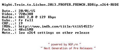 NFO for the release Night.Train.to.Lisbon.2013.PROPER.FRENCH.BDRip.x264-RUDE by RUDE