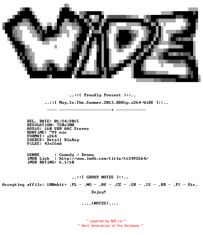 NFO for the release May.In.The.Summer.2013.BDRip.x264-WiDE by WiDE