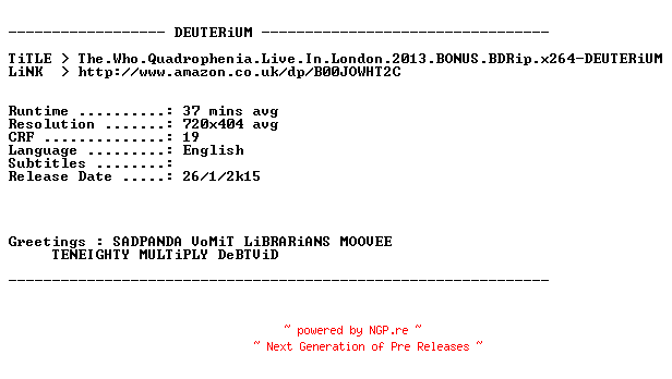 NFO for the release The.Who.Quadrophenia.Live.In.London.2013.BONUS.BDRip.x264-DEUTERiUM by DEUTERiUM