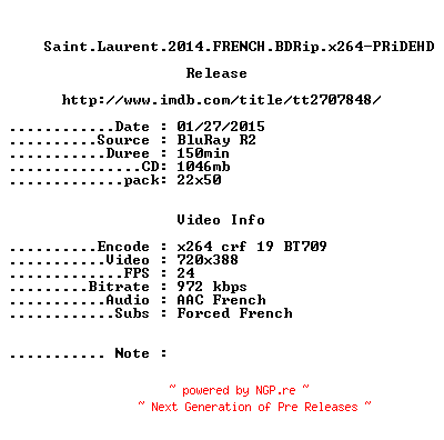 NFO for the release Saint.Laurent.2014.FRENCH.BDRip.x264-PRiDEHD by PRiDEHD