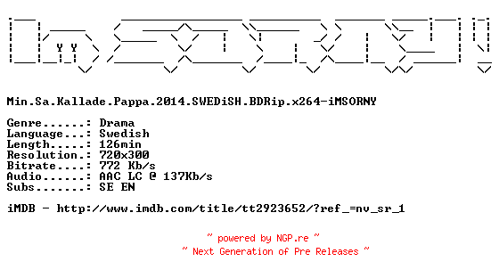 NFO for the release Min.Sa.Kallade.Pappa.2014.SWEDiSH.BDRip.x264-iMSORNY by iMSORNY
