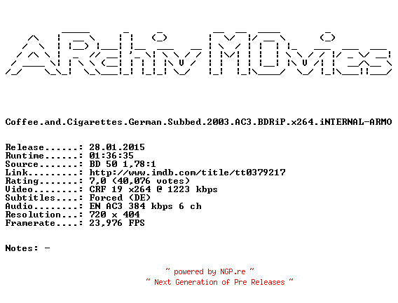 NFO for the release Coffee.and.Cigarettes.German.Subbed.2003.AC3.BDRiP.x264.iNTERNAL-ARMO by ARMO