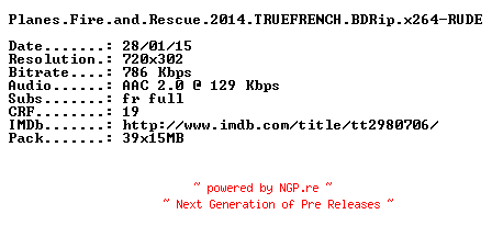 NFO for the release Planes.Fire.and.Rescue.2014.TRUEFRENCH.BDRip.x264-RUDE by RUDE