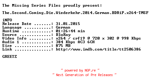 NFO for the release The.Second.Coming.Die.Wiederkehr.2014.German.BDRiP.x264-TMSF by TMSF